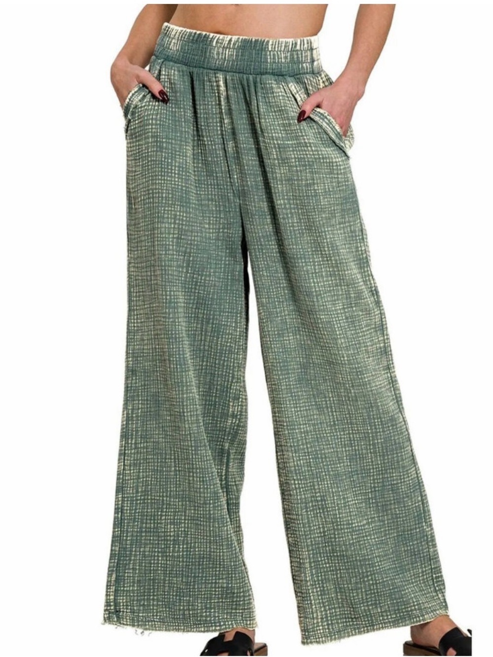 New Zenana Ash Jade Wide-Leg Olive Green Gauze Pants with Elastic Waist S-L
